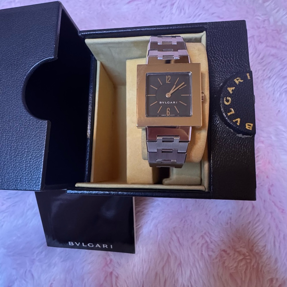 AUTHENTIC BVLGARI Quadrato Silver Watch with Black Face 22 mm